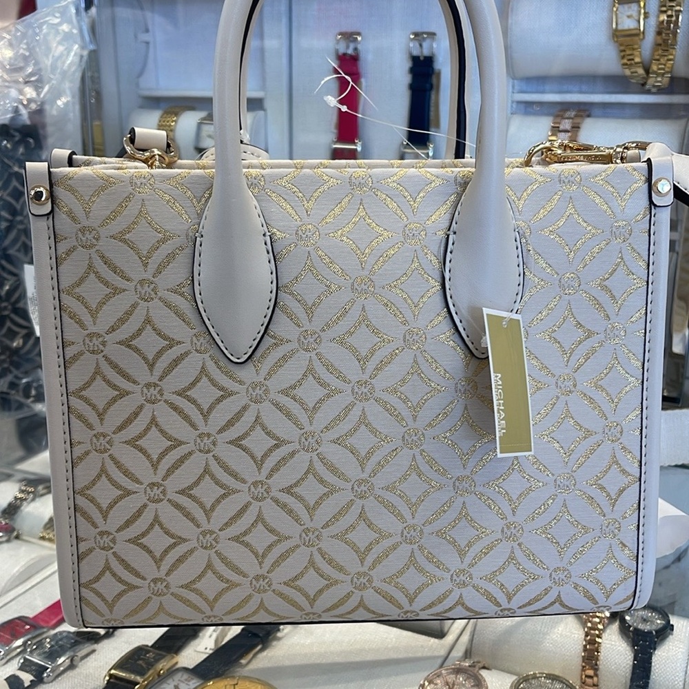 Michael Kors Mirella Small Metallic Logo Jacquard Crossbody Bag
Light Cream 
NWT - Picture 13 of 16